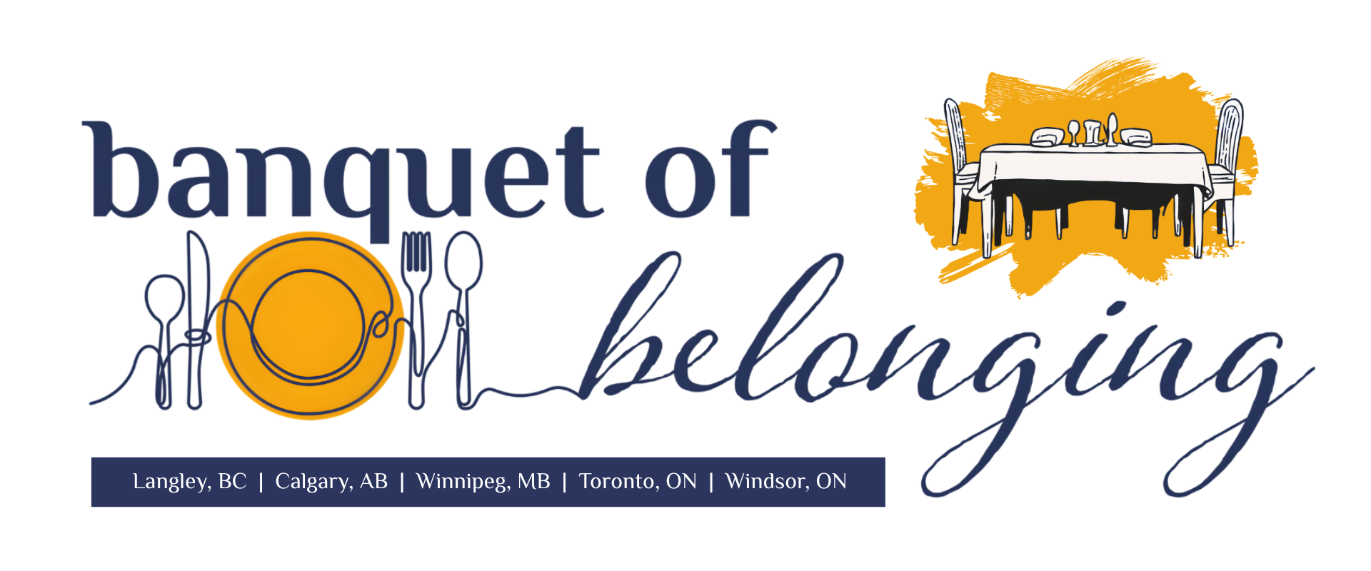 Graphic for A Deeper Communion: Banquet of Belonging, featuring a banquet table illustration with plates and cutlery, and the event locations: Langley, Calgary, Winnipeg, Toronto, and Windsor.